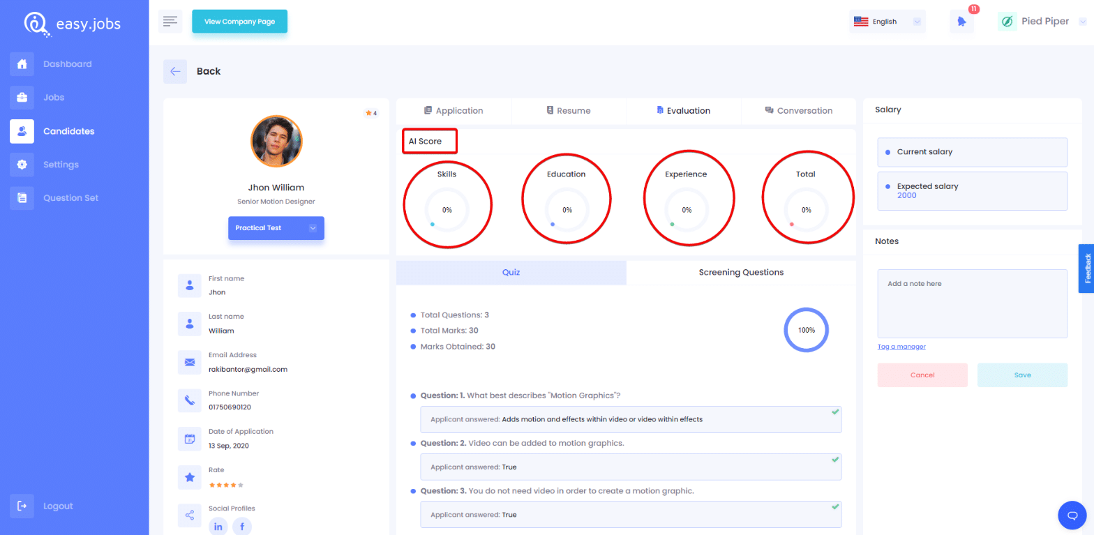 easy.jobs, ai scores, candidates