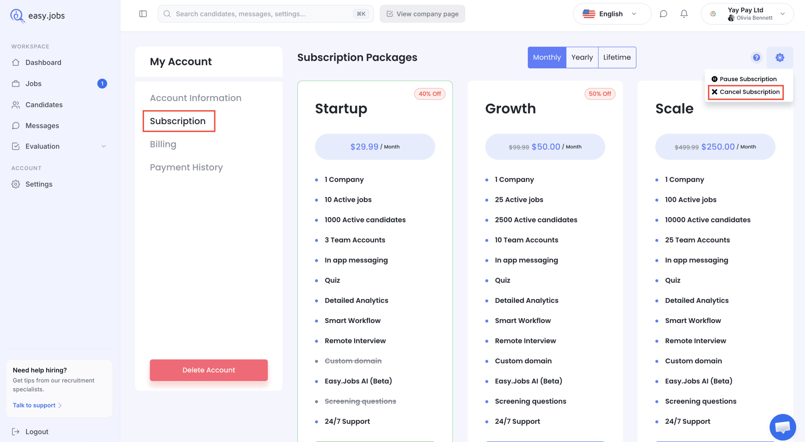 How to Cancel Your Subscription in easy.jobs? 2 Cancel Your Subscription