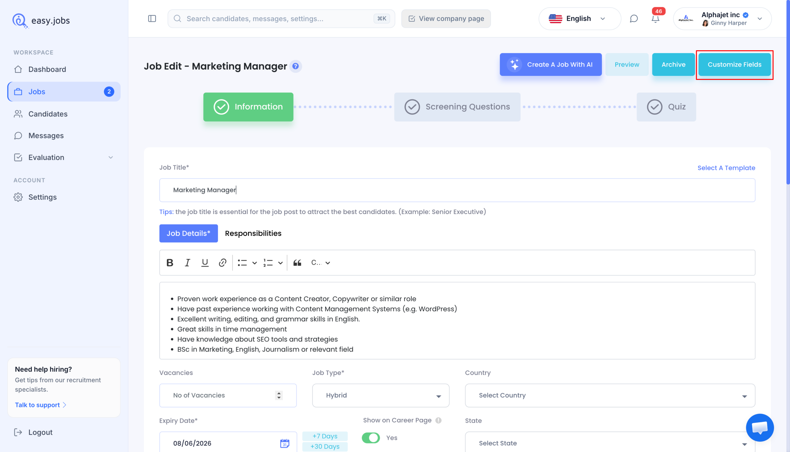 Bagaimana Cara Memperbarui Kolom Kustomisasi di easy.jobs? 3 custom fields