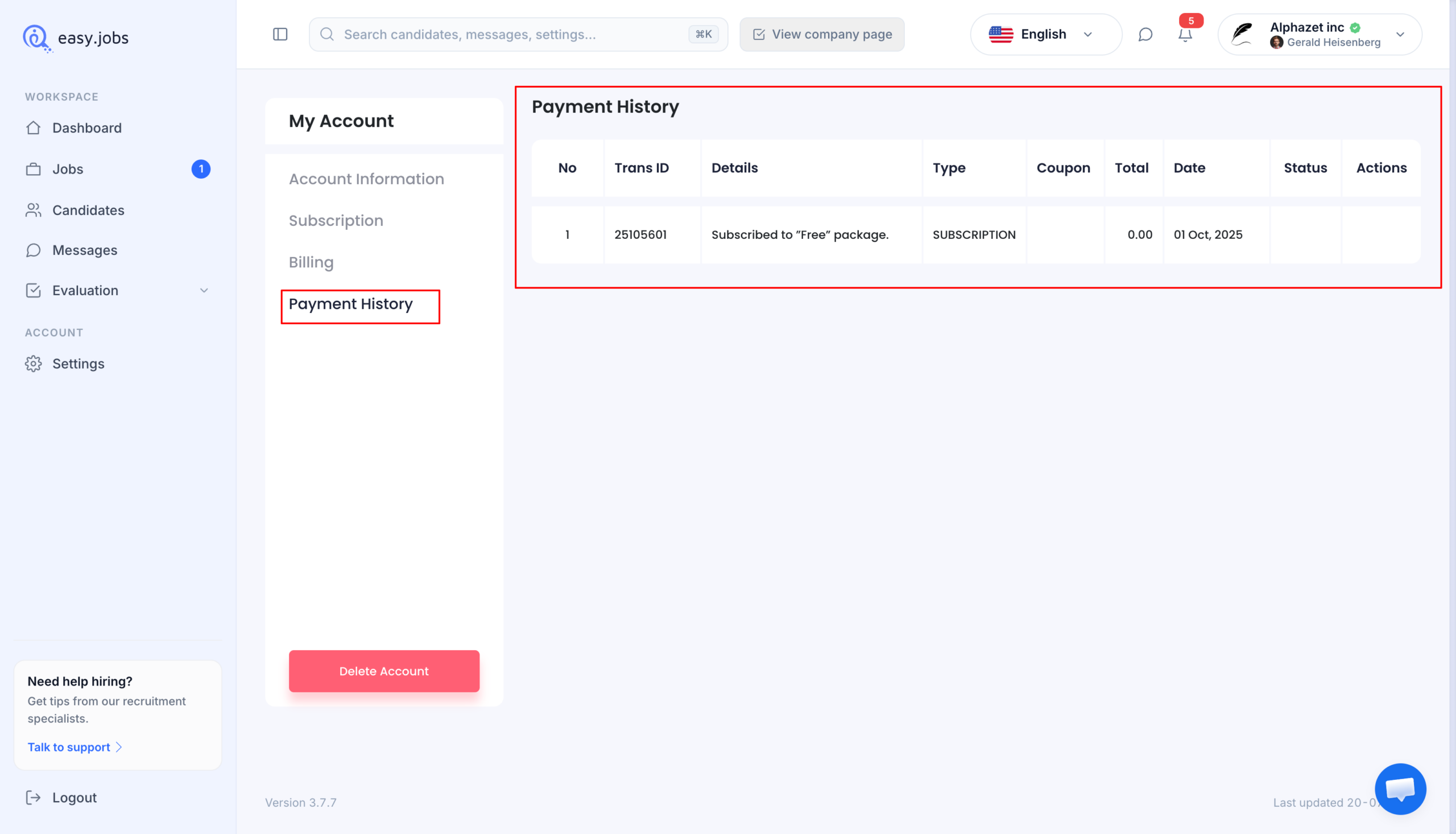 Come controllare la cronologia dei pagamenti su easy.jobs? 2 Payment History