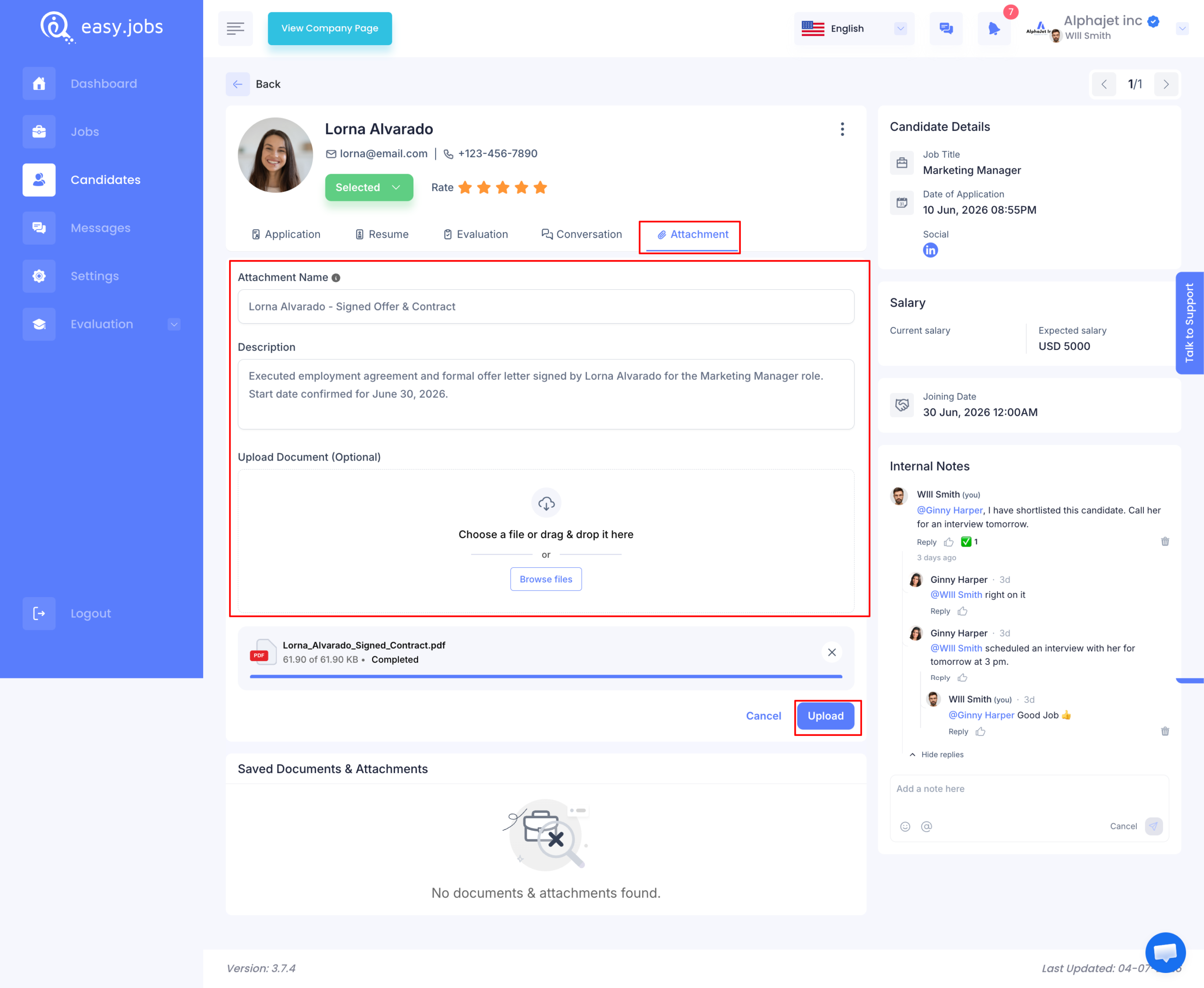 How To Upload Documents For A Candidate In easy.jobs? 2 Upload Document