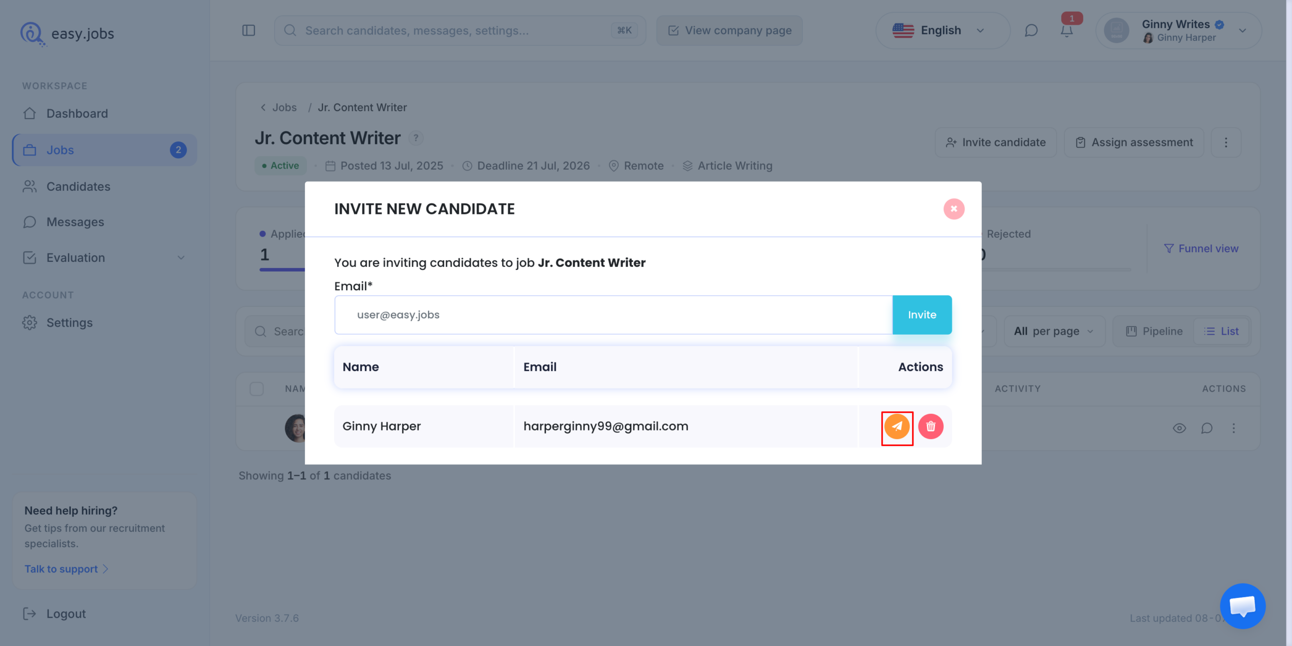 Como enviar um link de convite de emprego para um candidato usando o easy.jobs? 2 Job Invitation Link