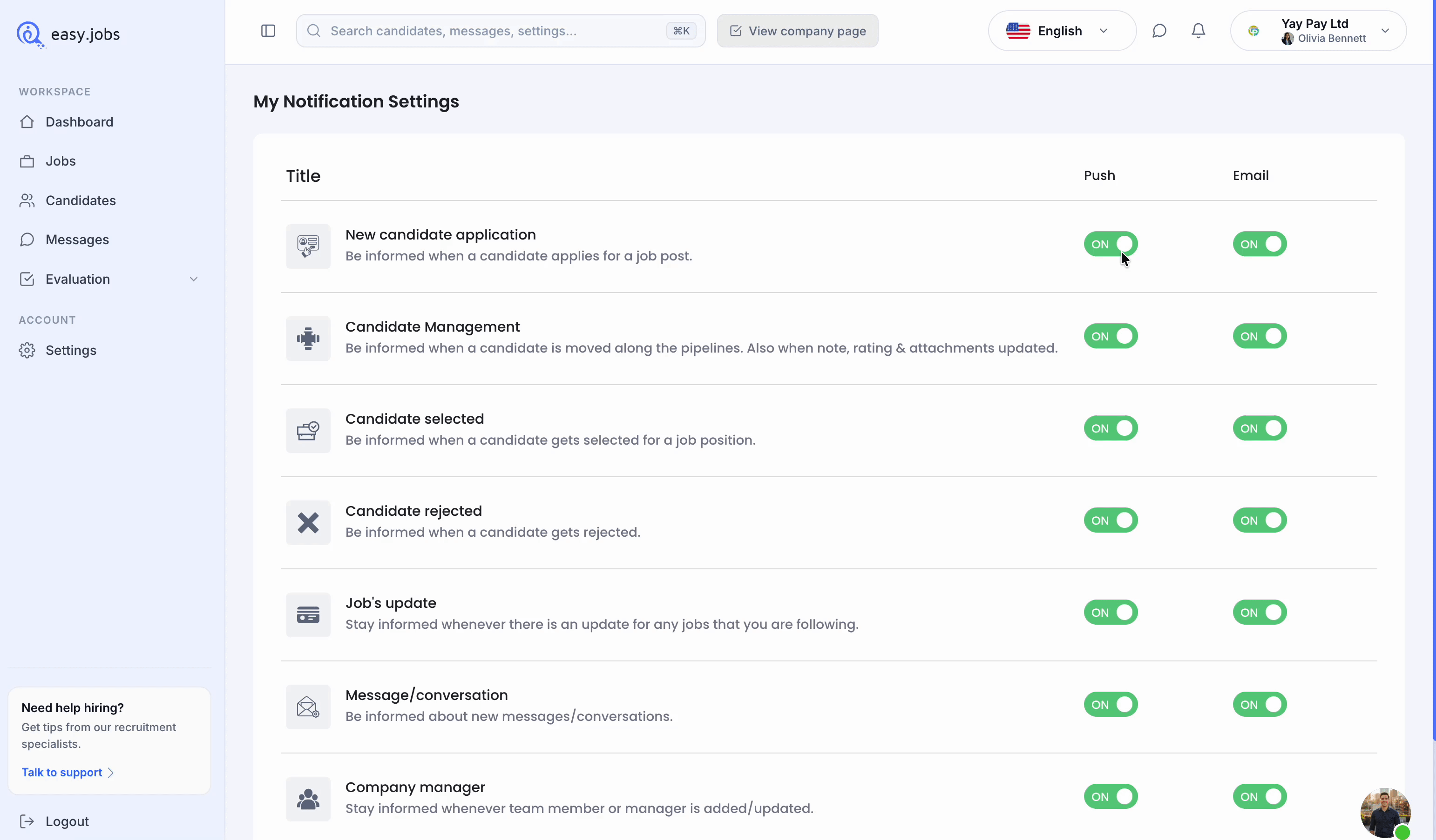 Bagaimana cara mengkonfigurasi pengaturan notifikasi di easy.jobs? 2 Configure Notification Settings