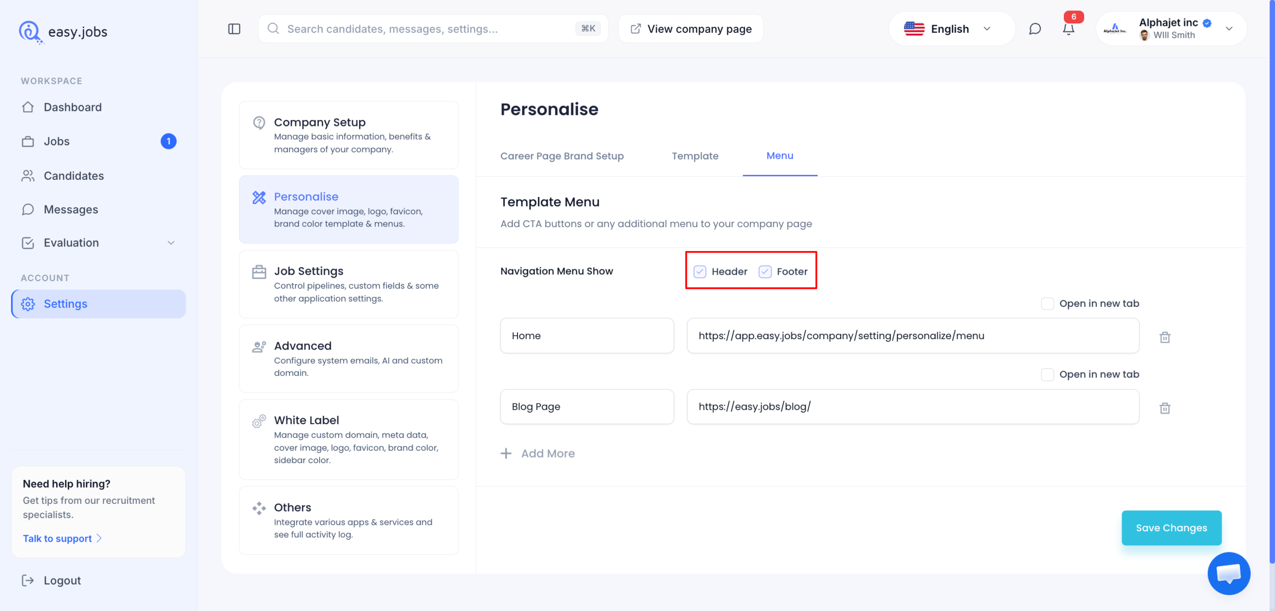 How to Easily Change Career Site Appearance With easy.jobs Templates? 4 Add Custom Menu Items In easy.jobs