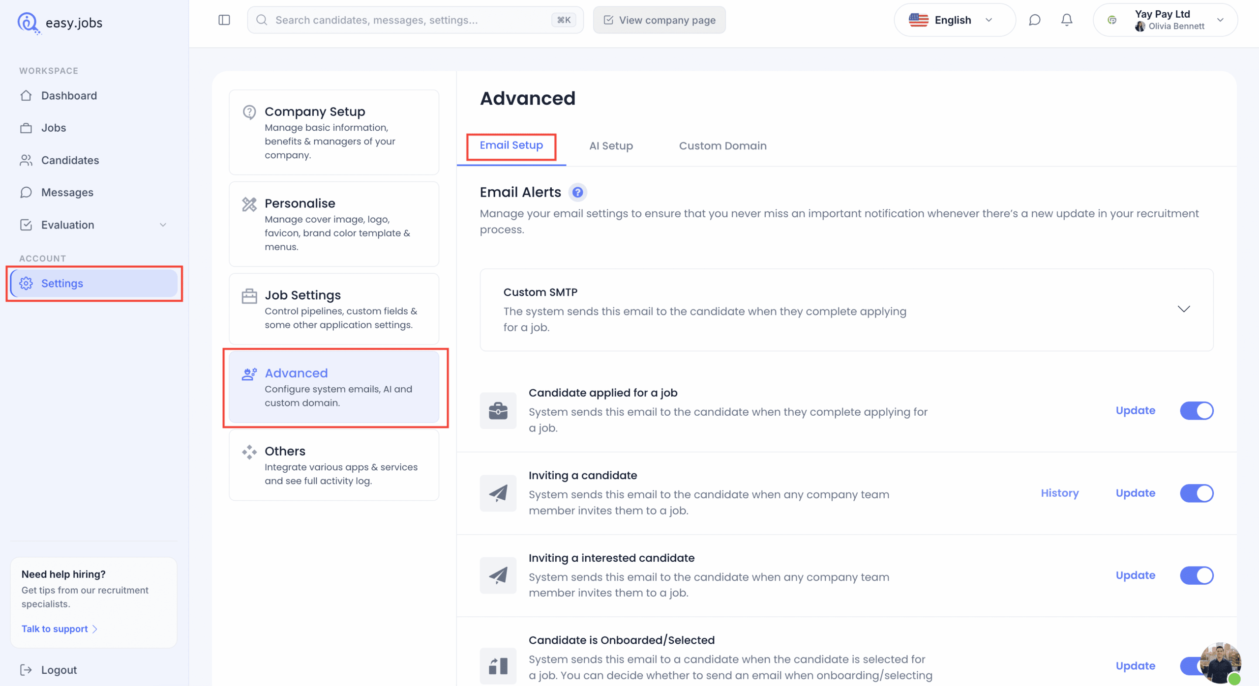Comment configurer le serveur SMTP de messagerie depuis votre tableau de bord easy.jobs ? 1 Setup Email SMTP