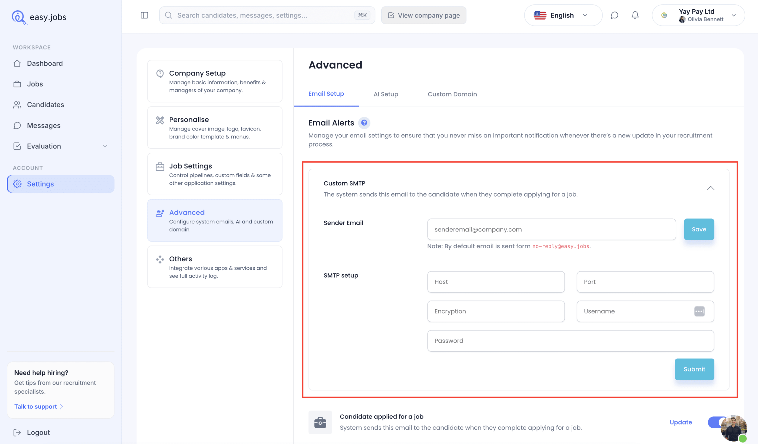 Comment configurer le serveur SMTP de messagerie depuis votre tableau de bord easy.jobs ? 2 Setup Email SMTP