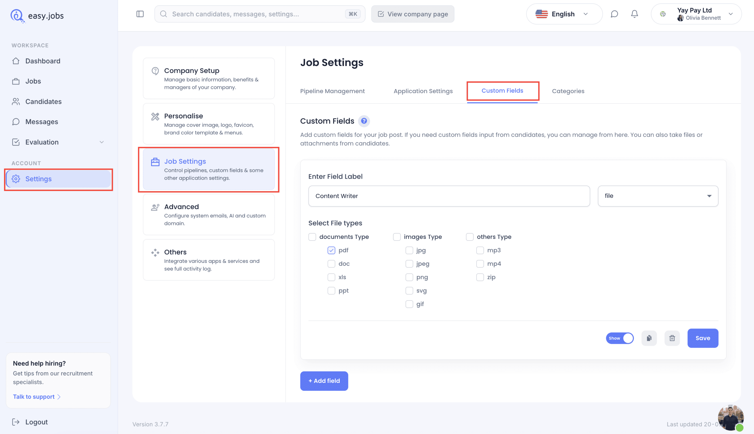 Como adicionar vários campos para anexos de arquivos usando o easy.jobs 1 Multiple File Attachment Fields