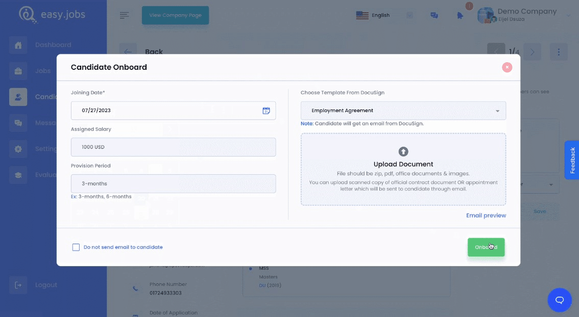 Integrate easy.jobs with DocuSign