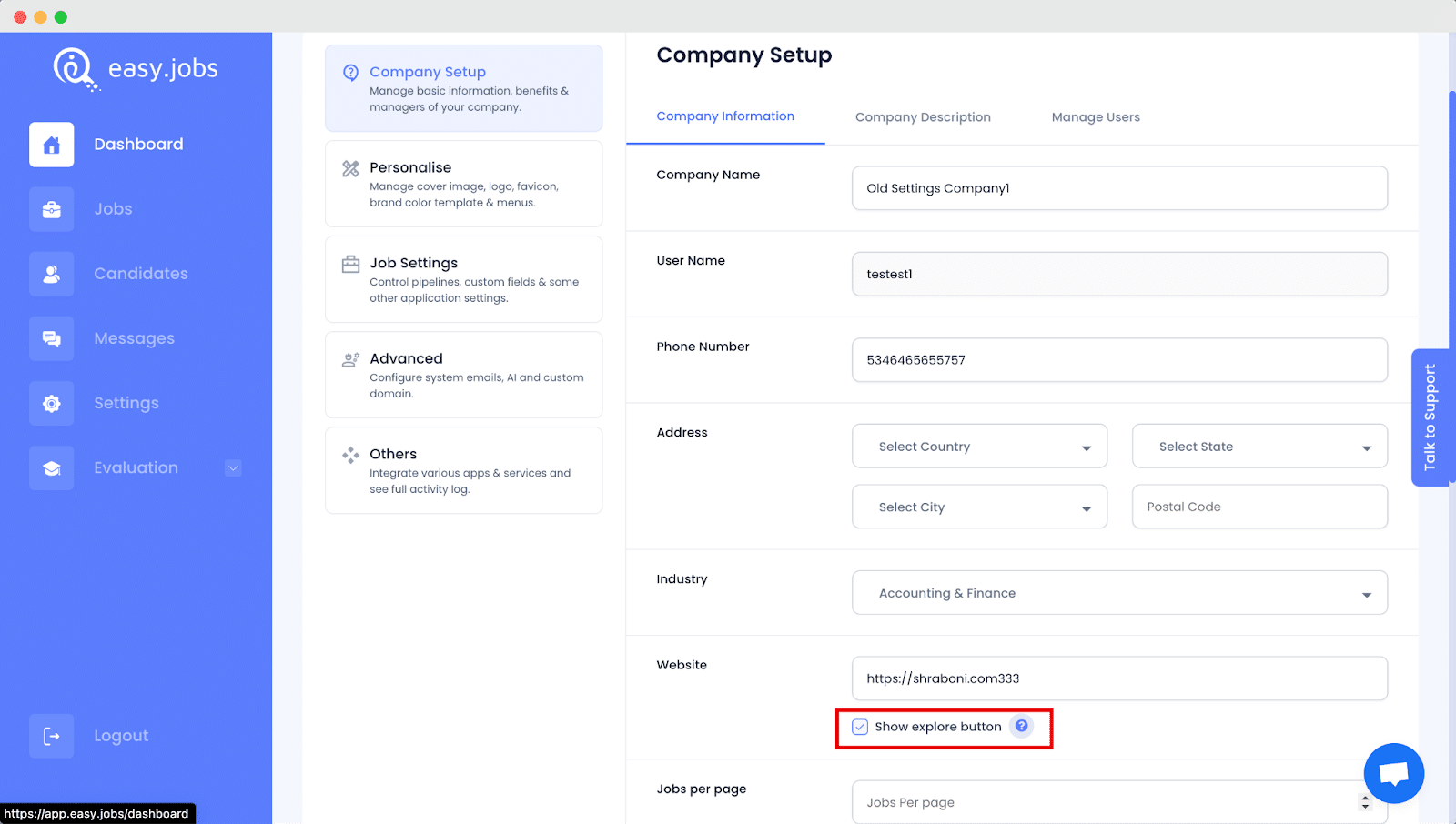 disable 'explore company website' button