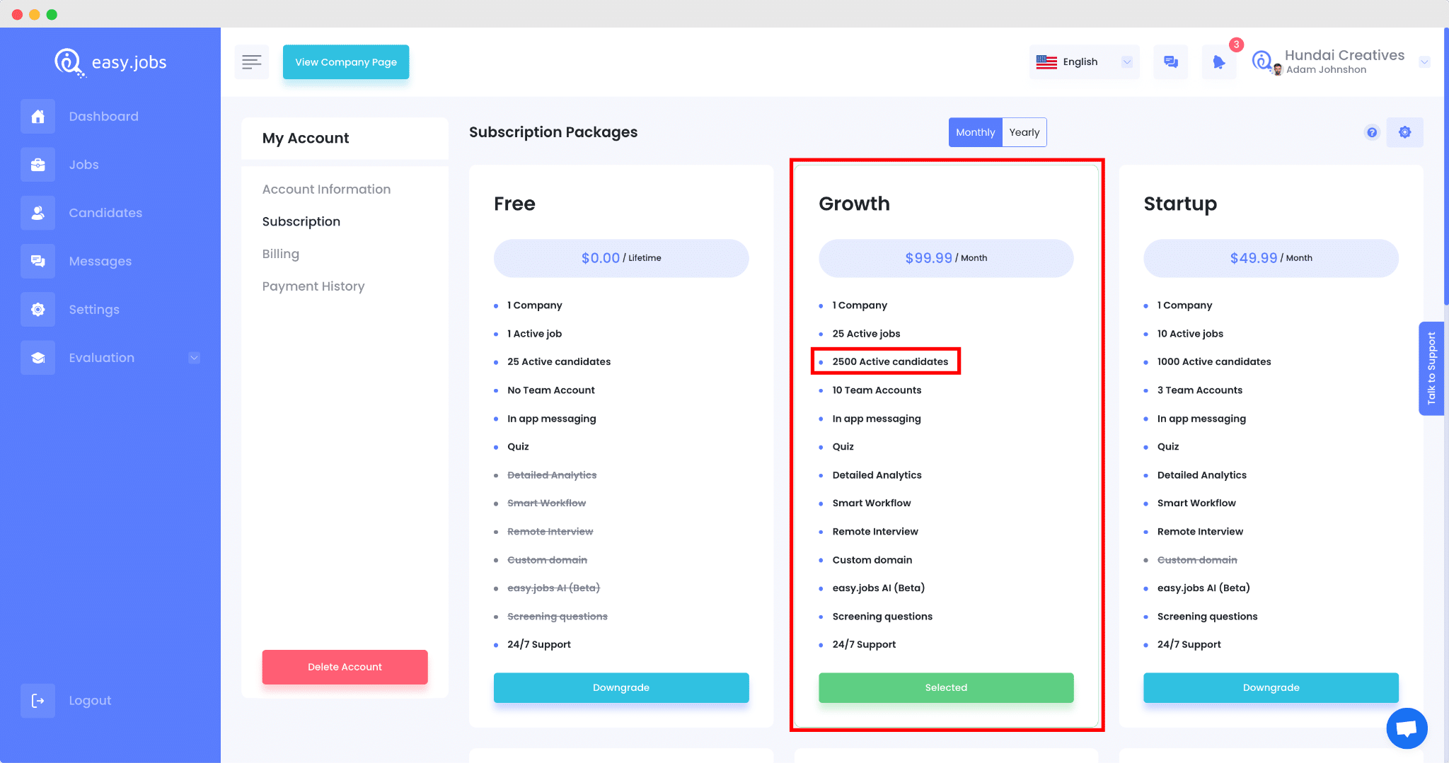 Upgrade easy.jobs Plan