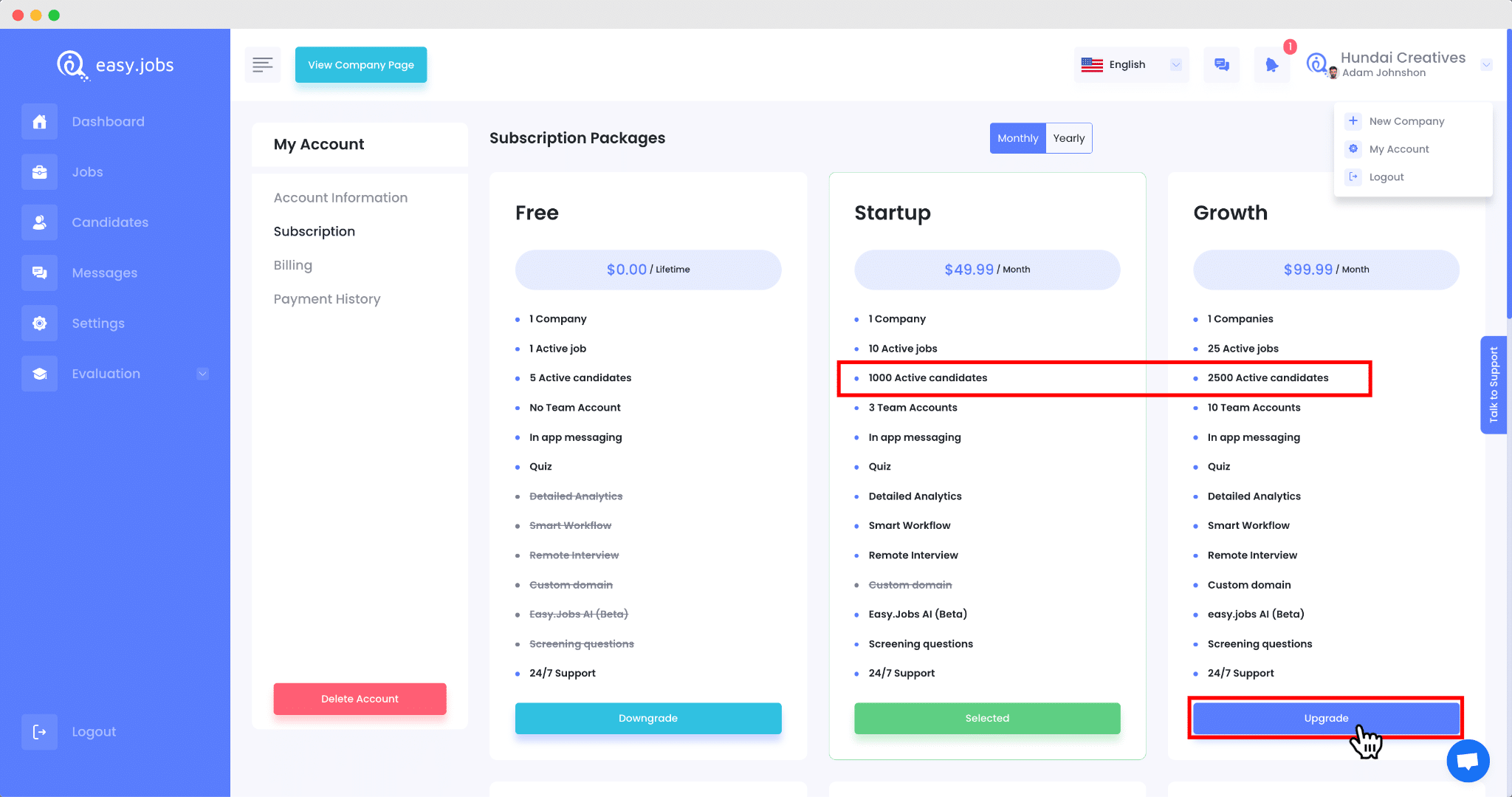 Upgrade easy.jobs Plan