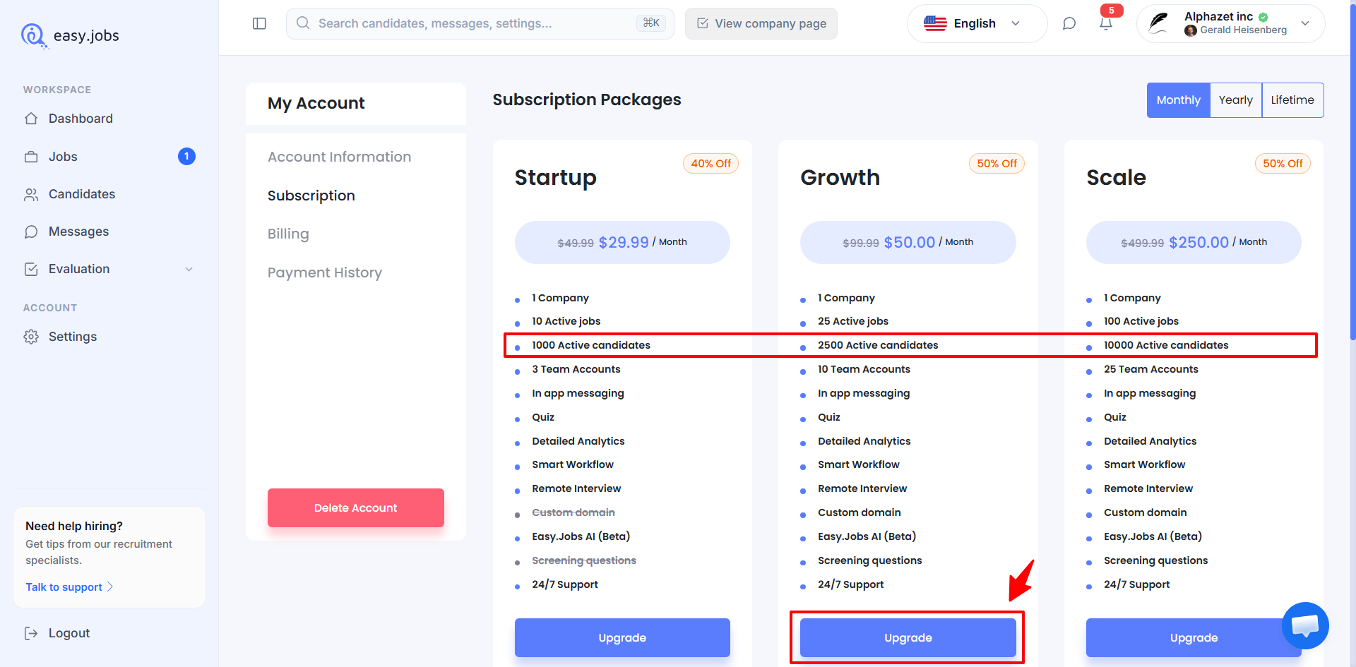easy.jobs-এ প্রার্থী সীমা কীভাবে পরিচালনা করবেন? ৫ Upgrade easy.jobs Plan