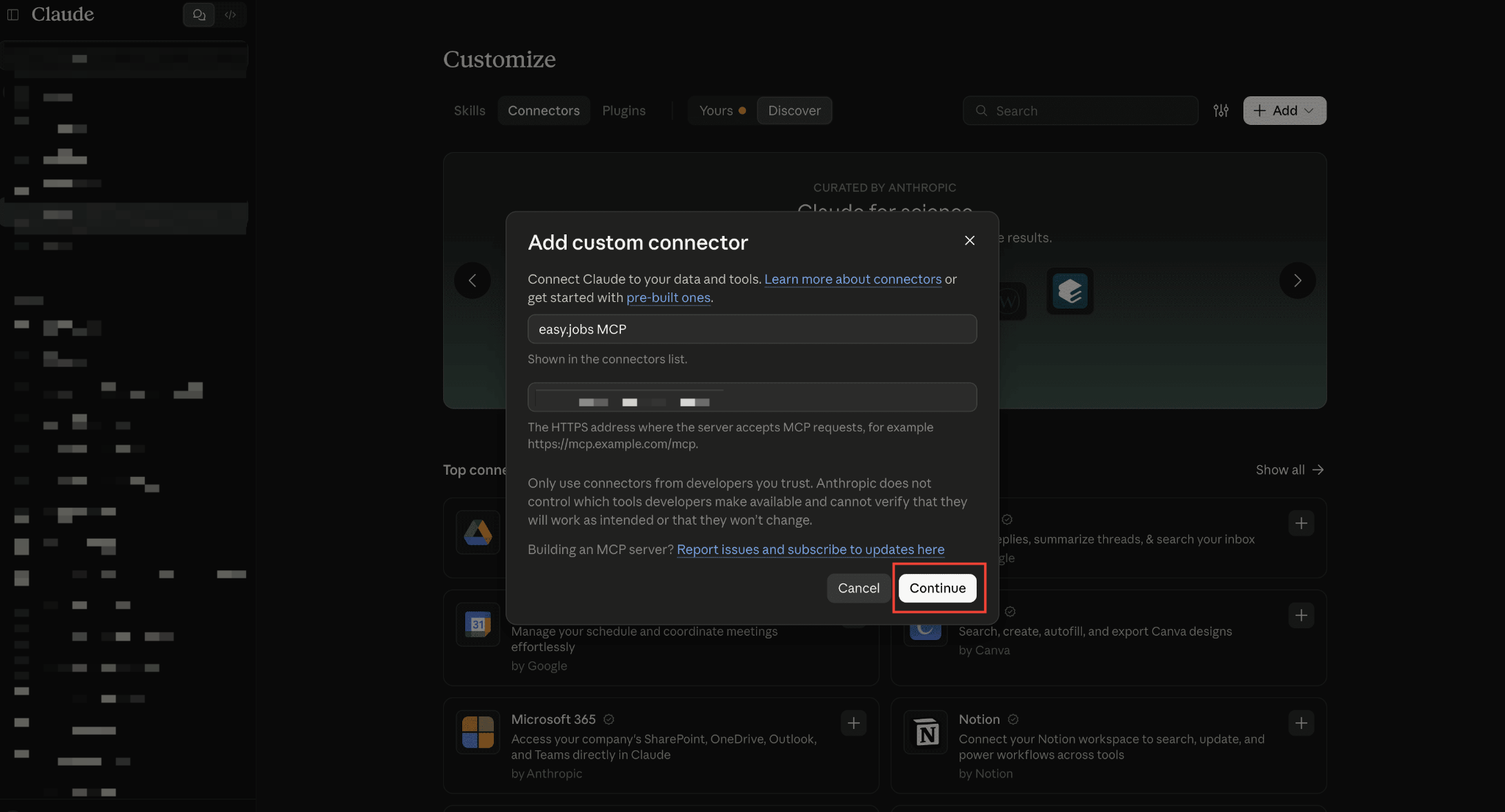 Adding easy.jobs as a custom connector in Claude