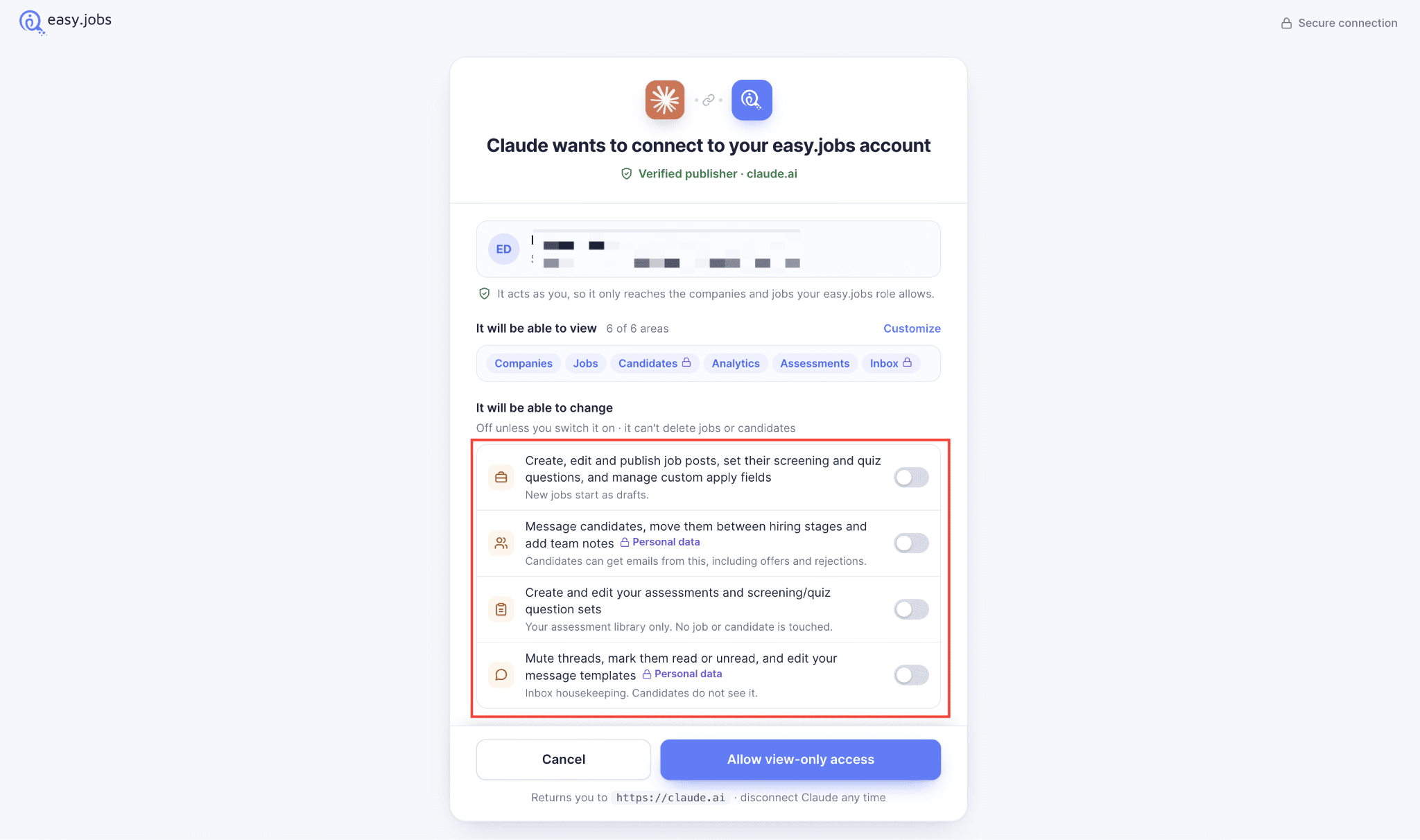 easy.jobs approval screen listing assistant permissions