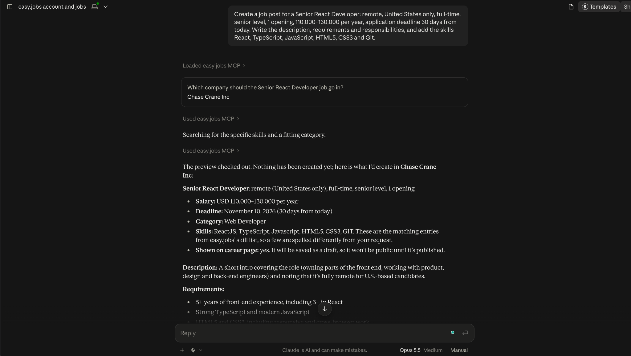 AI assistant creating a Senior React Developer job post draft