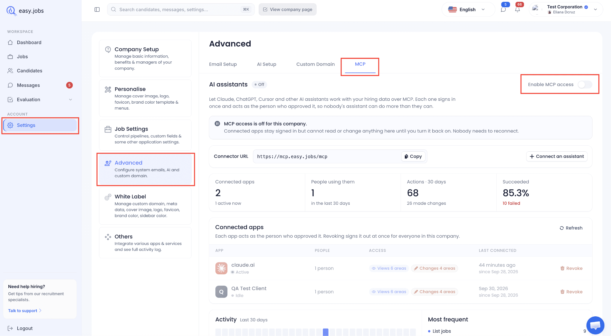 Enable MCP access toggle in easy.jobs Settings Advanced MCP