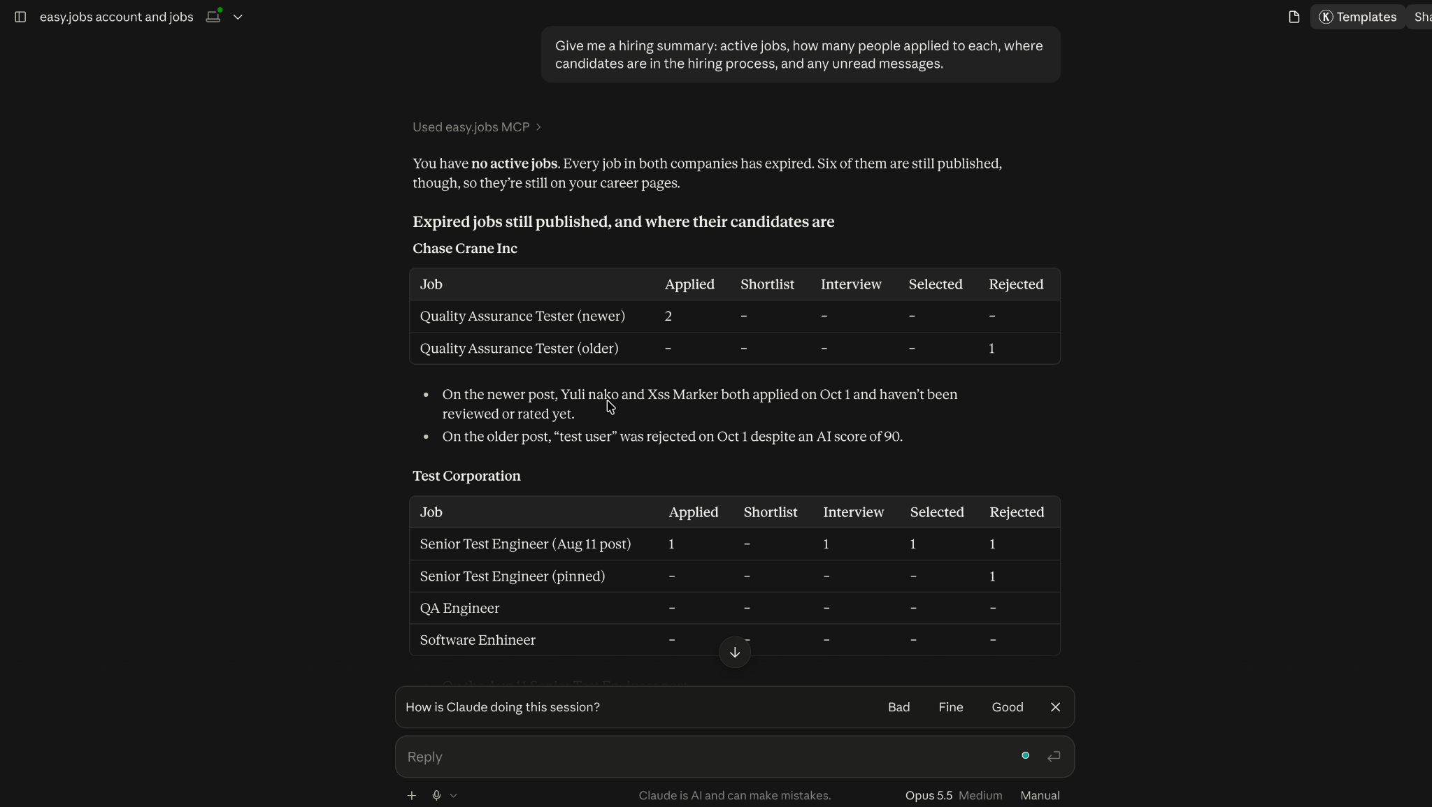 AI assistant giving a hiring summary across active jobs