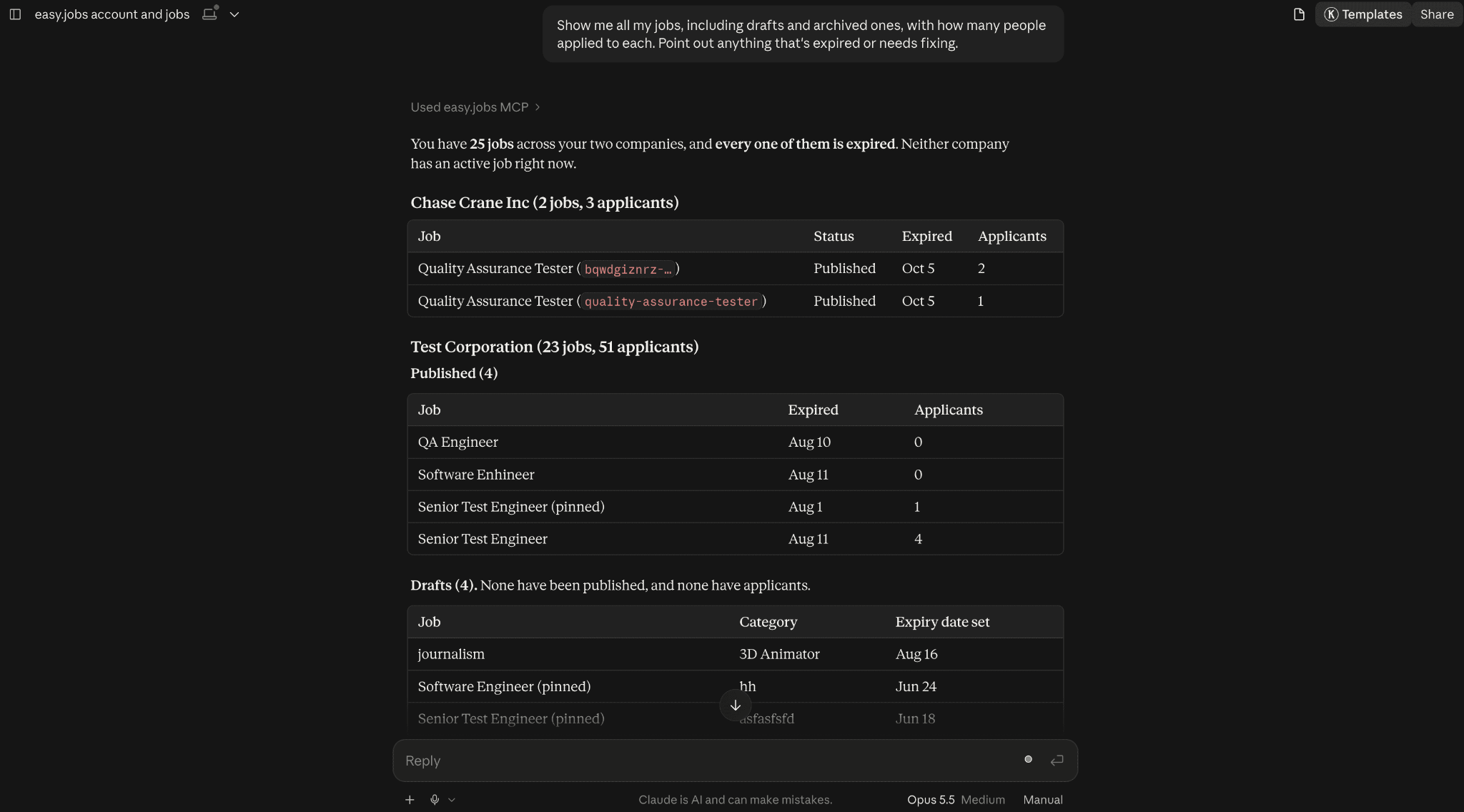 AI assistant showing an overview of all jobs with applicant counts