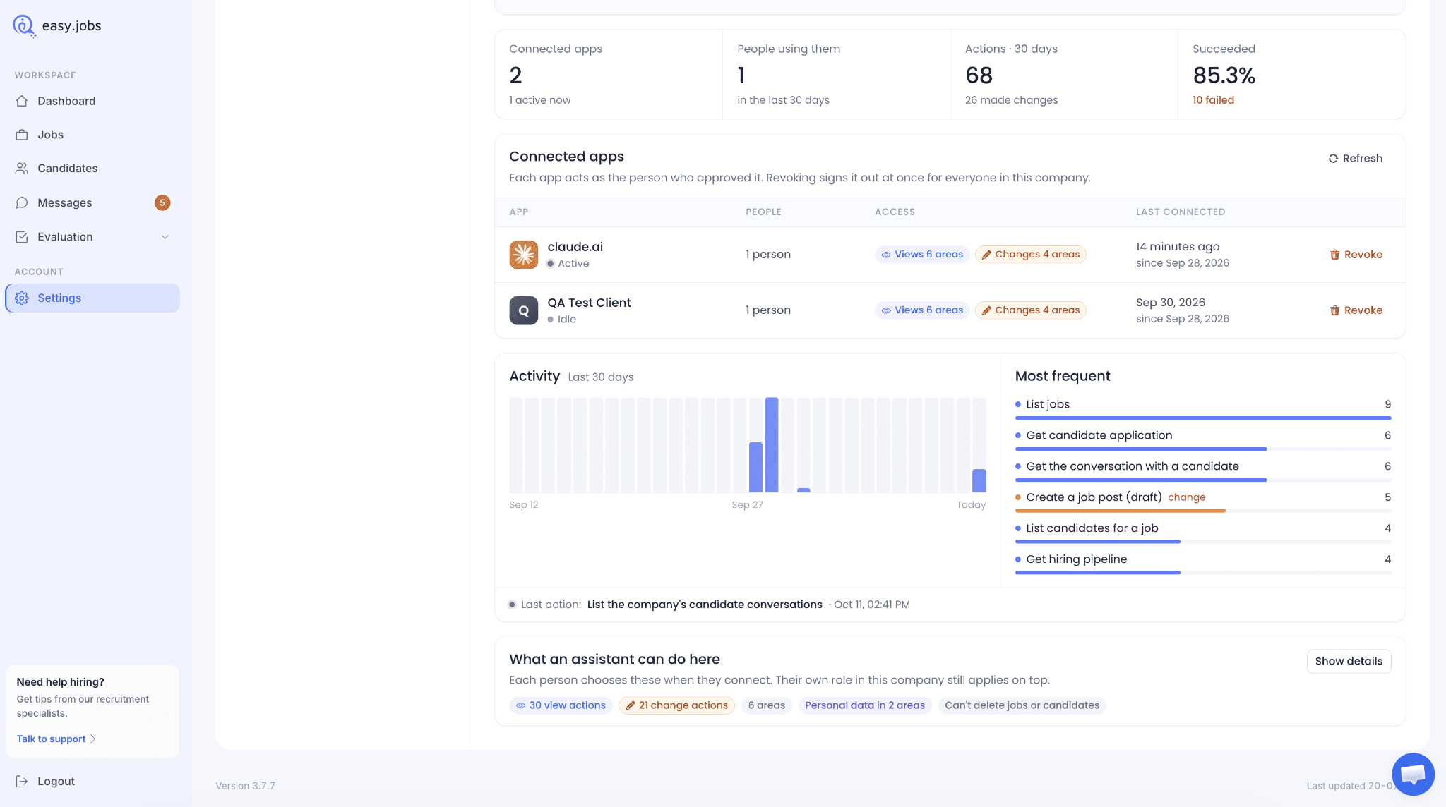 MCP settings page showing connected AI assistants and activity
