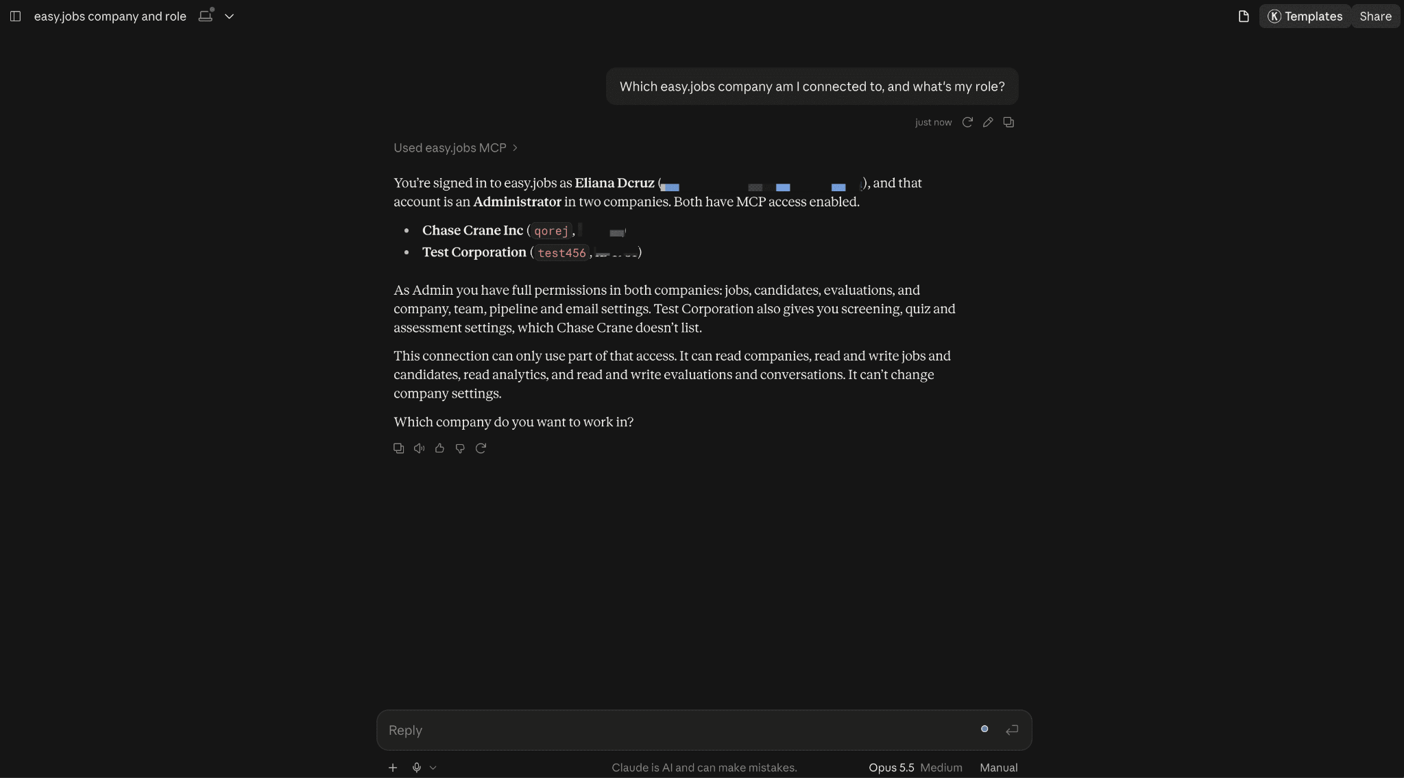 Testing the easy.jobs connection in an AI assistant chat